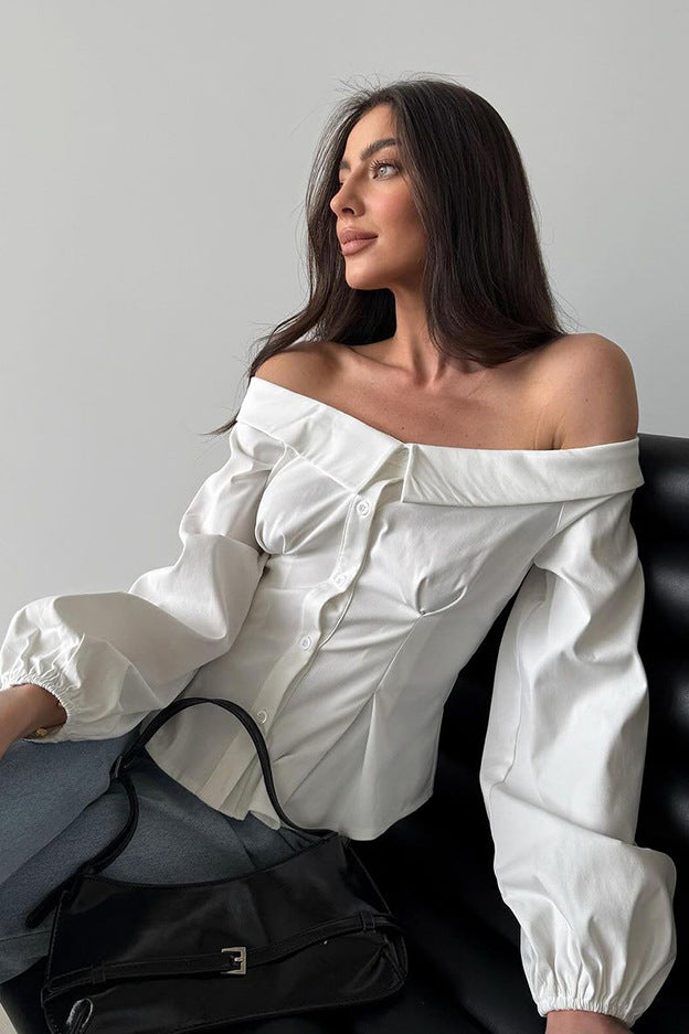 Elegant French off shoulder shirt in white with billowy sleeves for stylish fashion ملابس