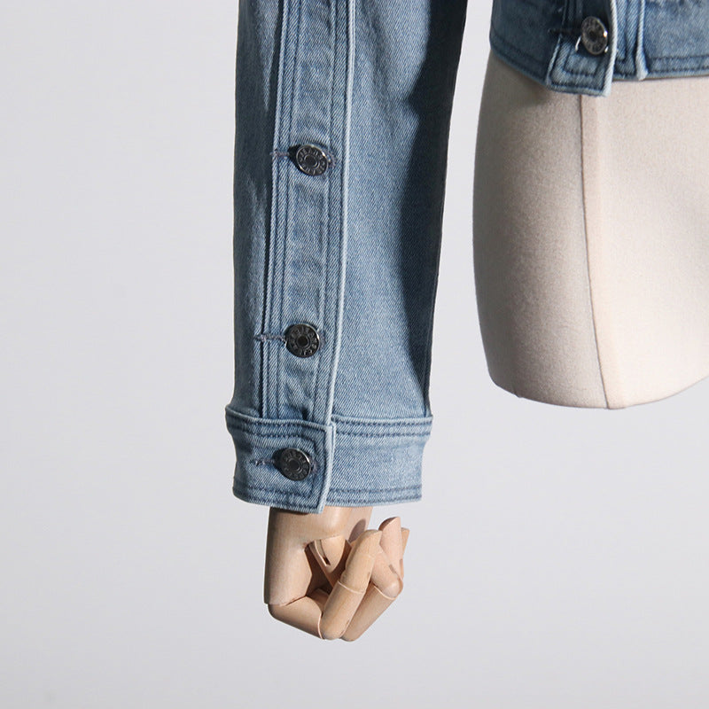 Light blue denim jacket sleeve from Off the Shoulder Design denim jacket, stylish fashion piece