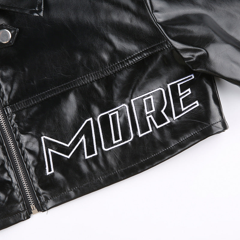 Black faux leather jacket from Letter Graphic Embroidered Short Leather Jacket collection