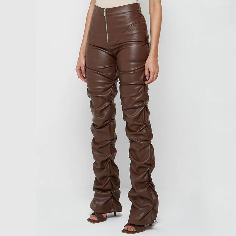 Brown ruched faux leather pants from Langry fashion in the Tight Faux Leather Four Seasons collection