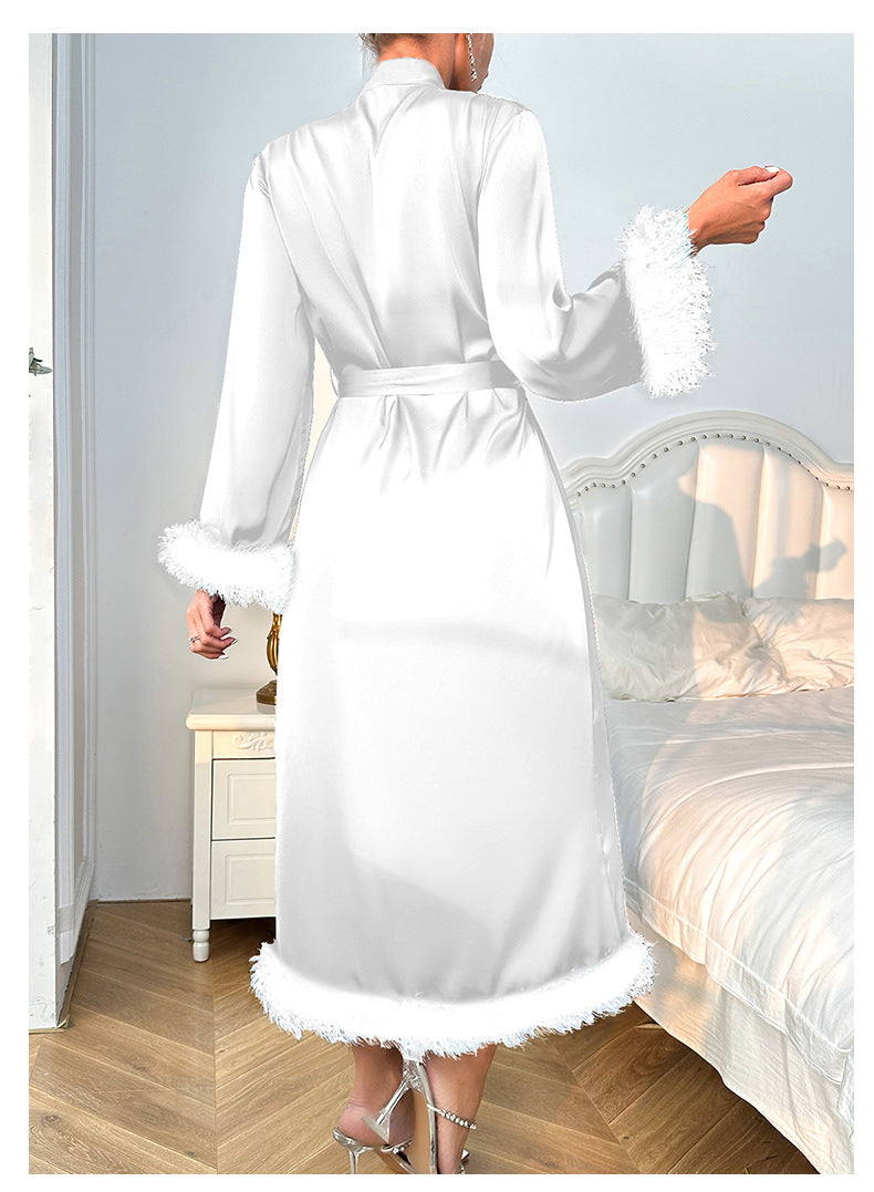 Luxurious long sleeve white satin robe with fluffy fur trim