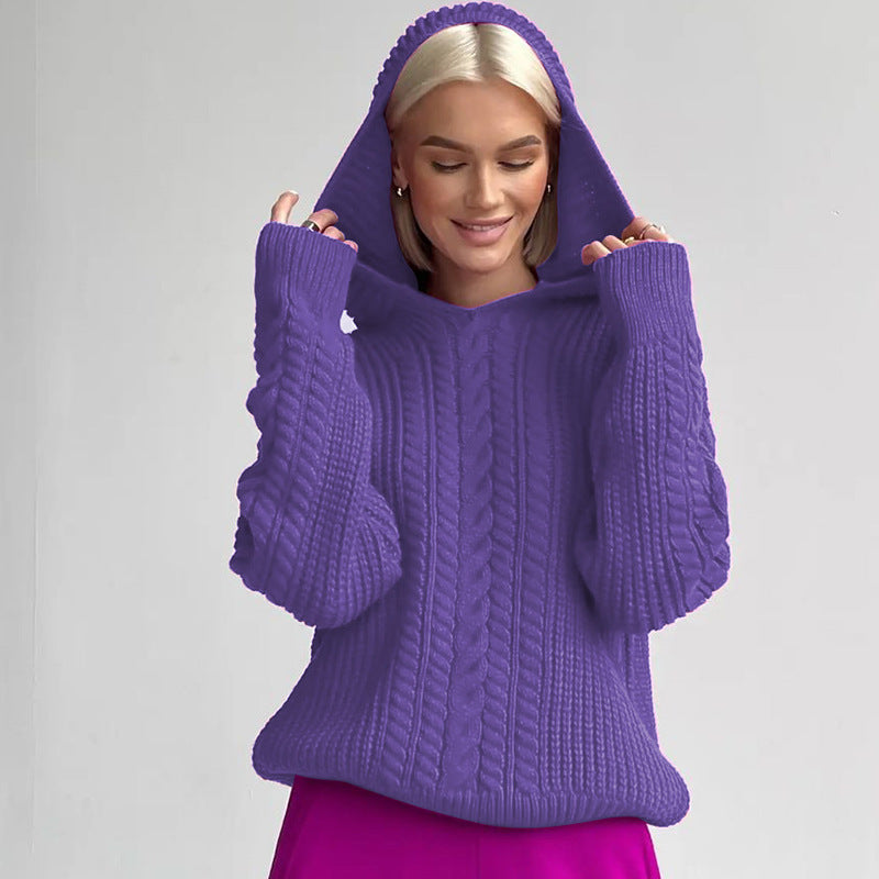 Purple hooded cable-knit sweater from Casual Hooded Knitted Sweater collection, trendy ملابس for style and fashion