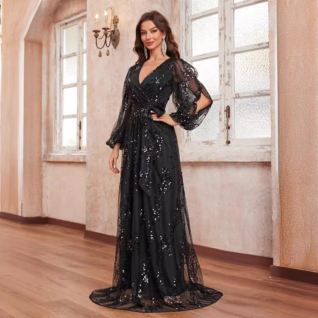 Elegant ladies long sleeve prom evening dress with sequined V neck design