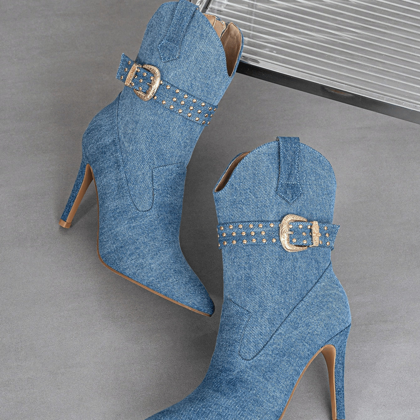 Denim Winter Pointed Toe Side Zipper Stiletto Heel Short Boots