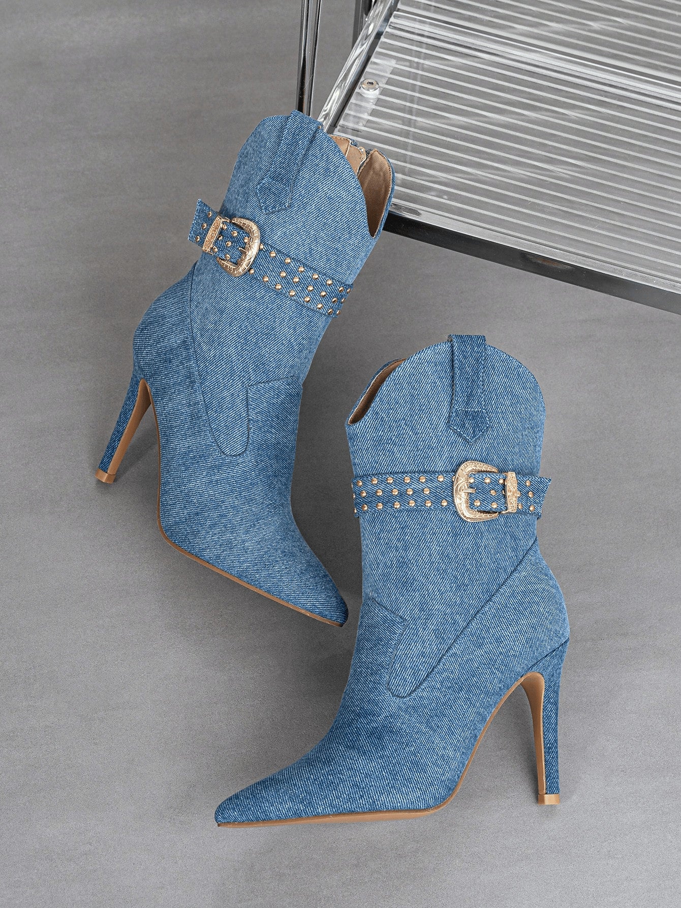 Denim Winter Pointed Toe Side Zipper Stiletto Heel Short Boots