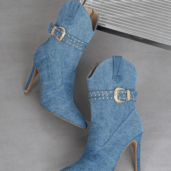 Denim Winter Pointed Toe Side Zipper Stiletto Heel Short Boots