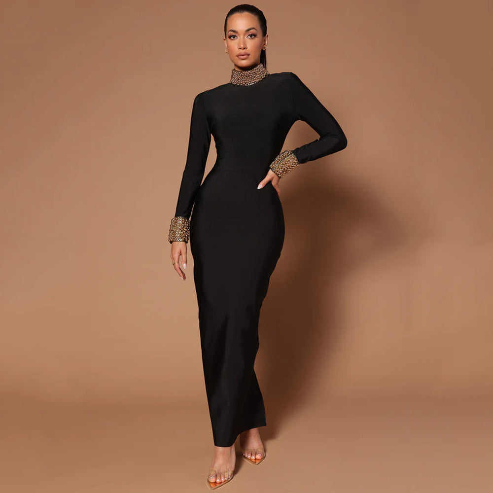 Elegant black maxi dress with embellished collar and cuffs, perfect for langry fashion fashion ملابس