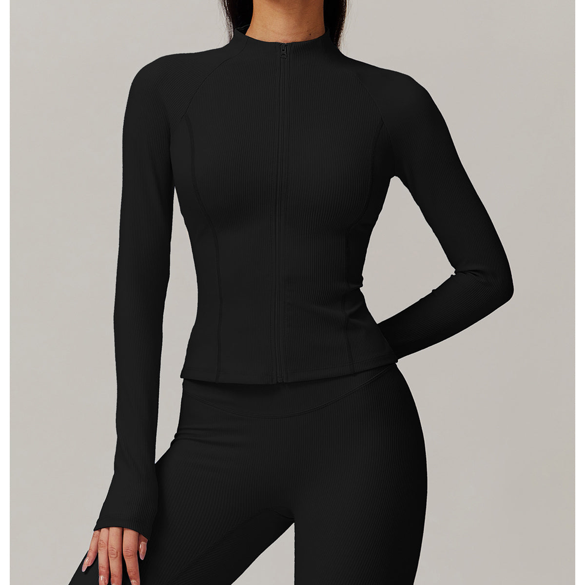 Black fitted turtleneck and leggings workout set, ideal for langry fashion in ملابس