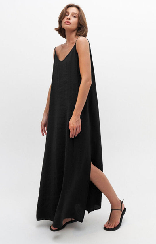 Black langry sleeveless maxi dress with high slit for fashion wear