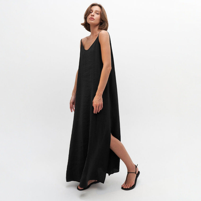 Black langry sleeveless maxi dress with high slit for fashion wear