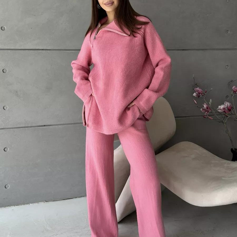 Pink knit lounge set featuring High Collar Zipper Knitted Sweater Suit for stylish comfort
