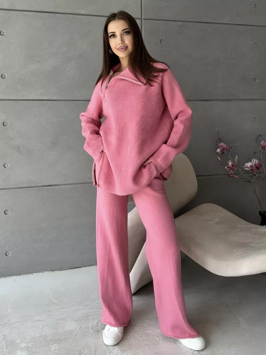 Pink knit lounge set featuring High Collar Zipper Knitted Sweater Suit for stylish comfort