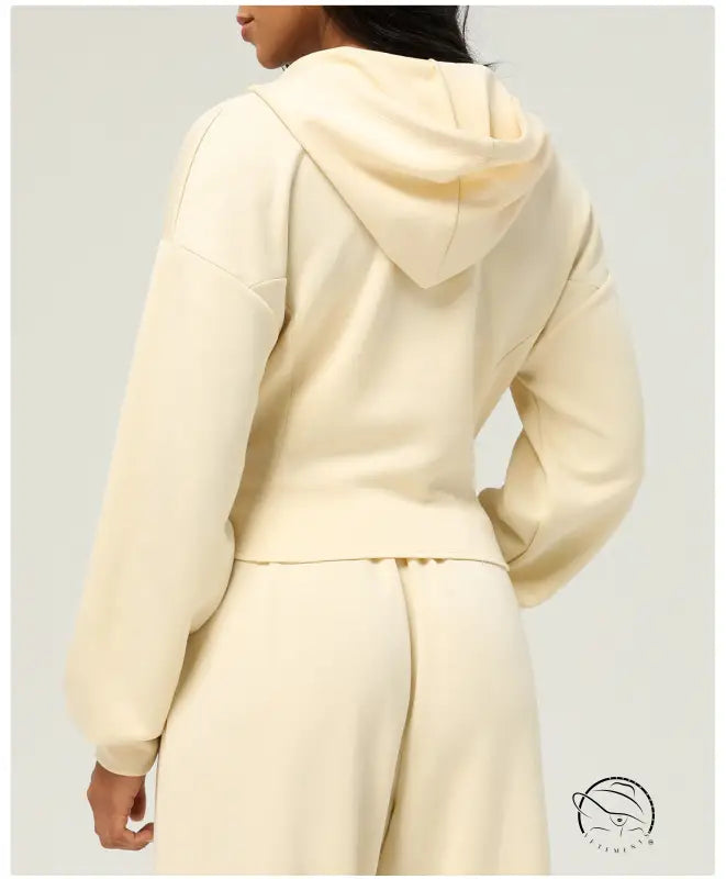 Cream-colored hooded casual cardigan sweater with matching pants