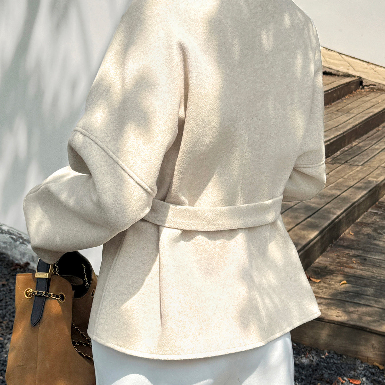 Casual Holiday Strap Long Sleeve Blazer in cream-colored woolen fashion