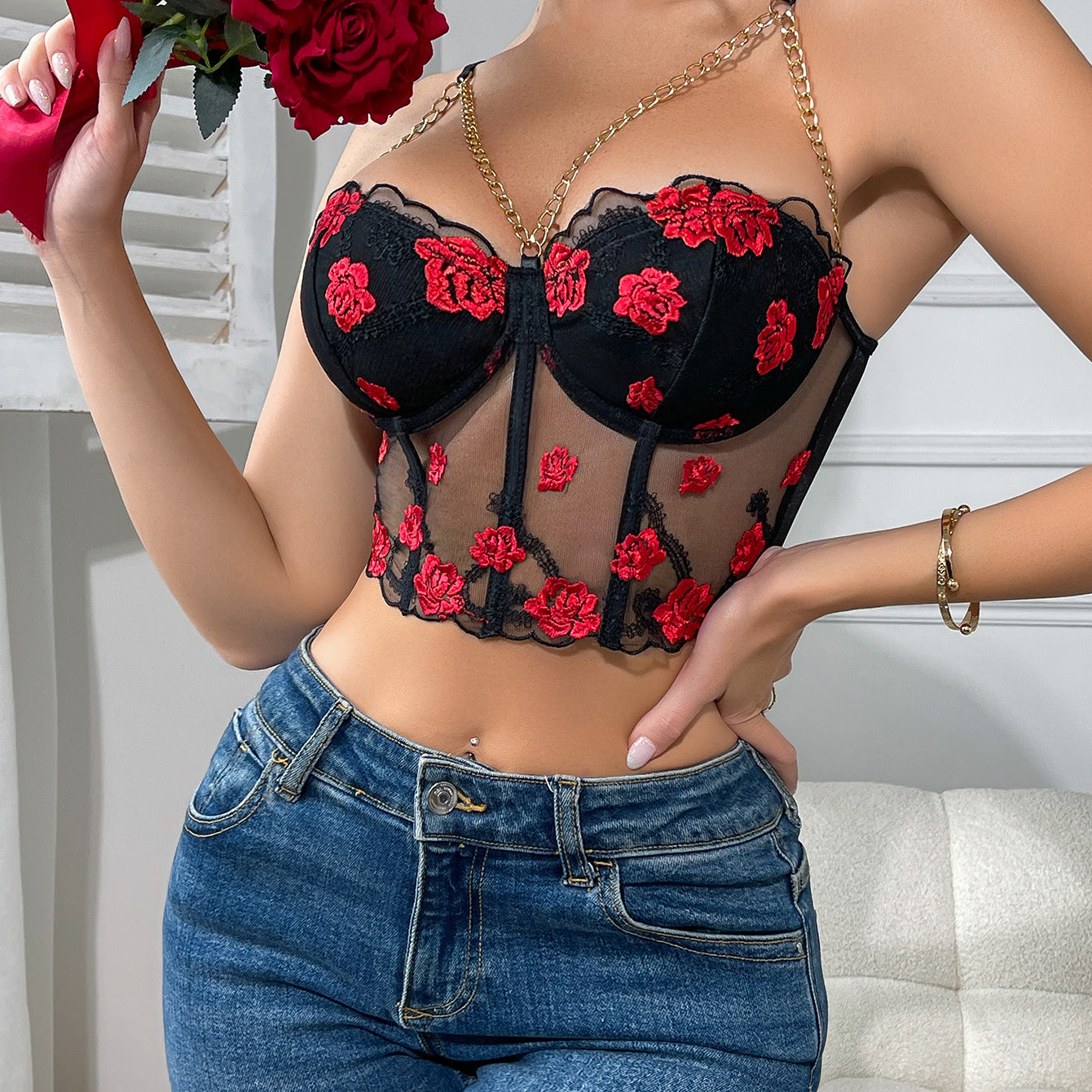 Langry black sheer floral bra with red roses and gold chain detailing in Floral Camisole Boning Corset fashion