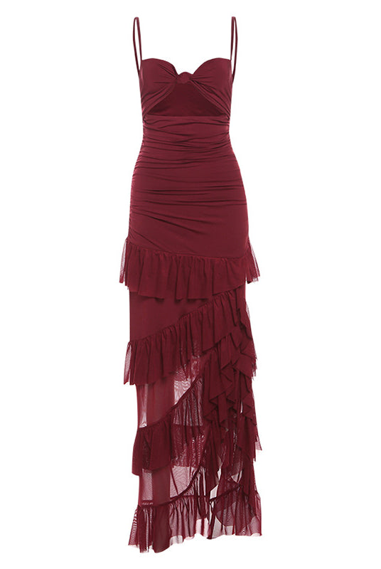 Burgundy evening gown with ruffles and sweetheart neckline, perfect for elegant fashion occasions