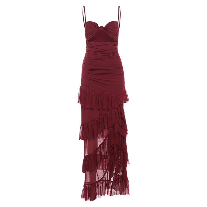 Burgundy evening gown with ruffles and sweetheart neckline, perfect for elegant fashion occasions