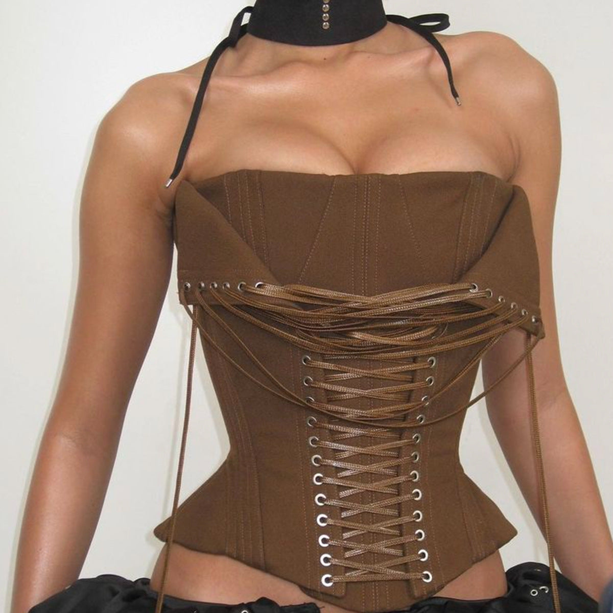 Elegant advanced design boning corset in brown lace-up top with black accents