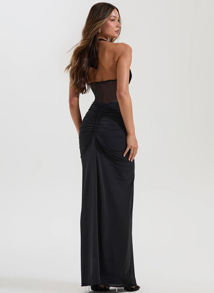Elegant black halter neck maxi dress with textured waist panel by Versace, langry fashion ملابس