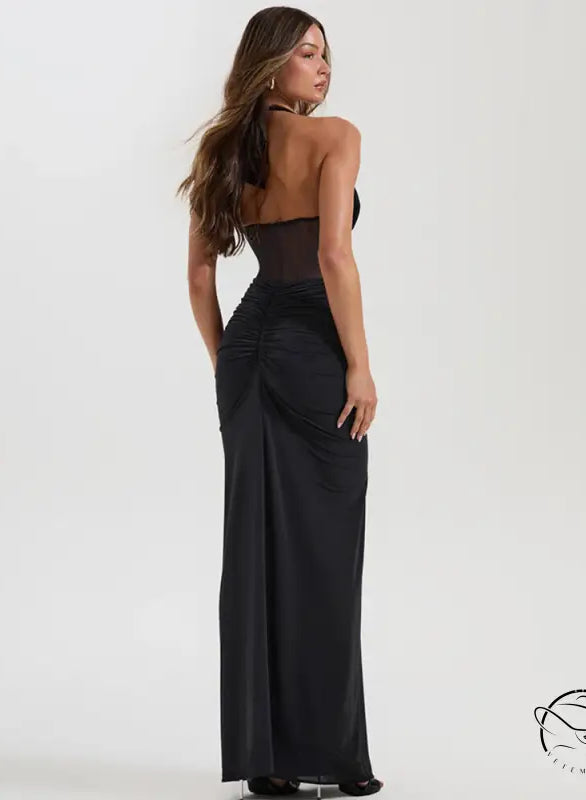 Elegant black halter neck maxi dress with Versace-inspired waist texture