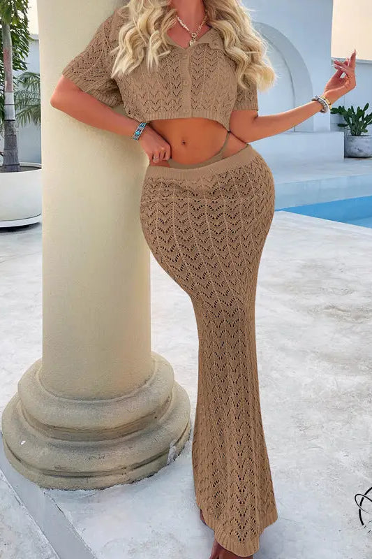 Knitted beige crochet attractive shirt and maxi skirt set