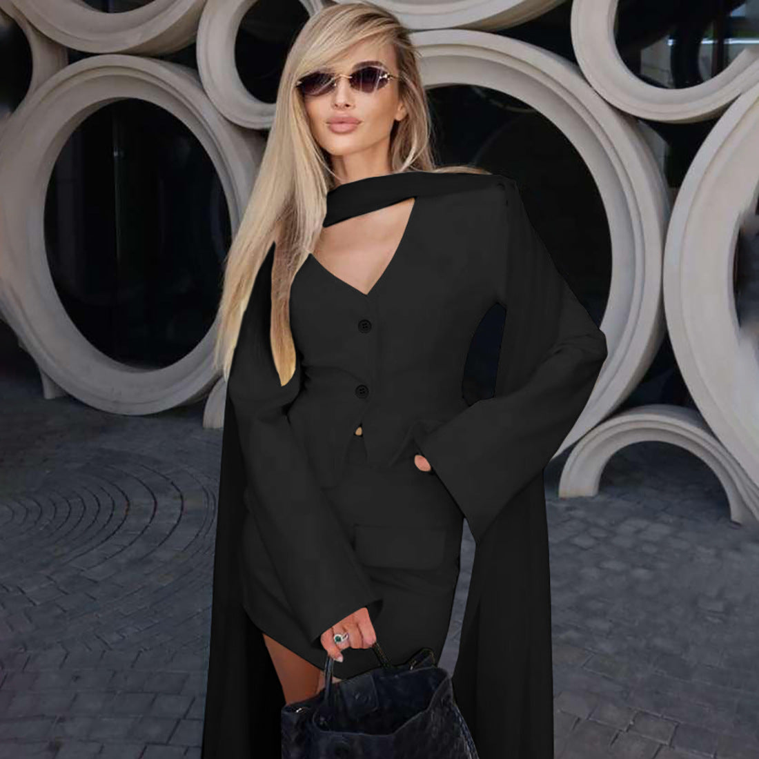 Elegant langry fashion black button-up dress with neckline cutout