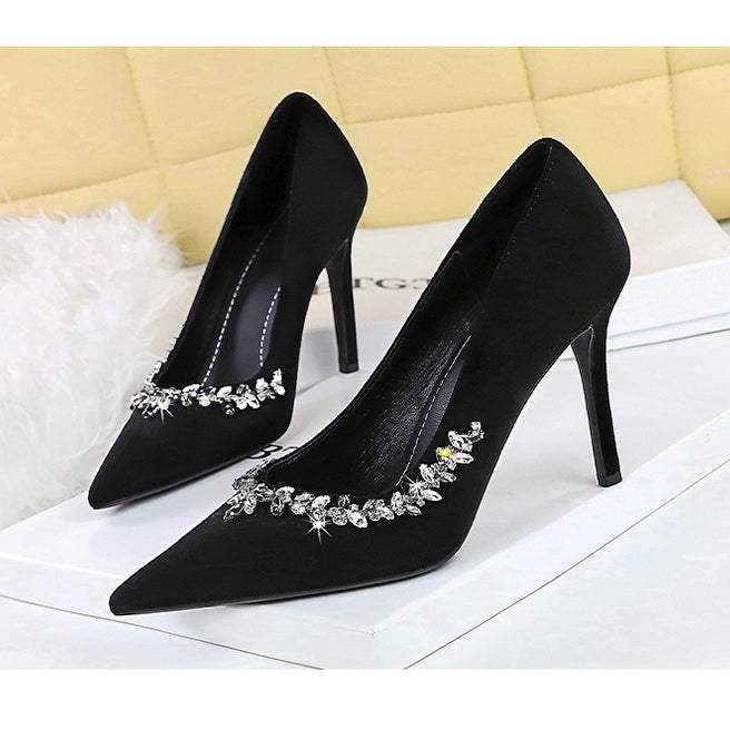 Langry fashion black velvet stiletto heels with rhinestones