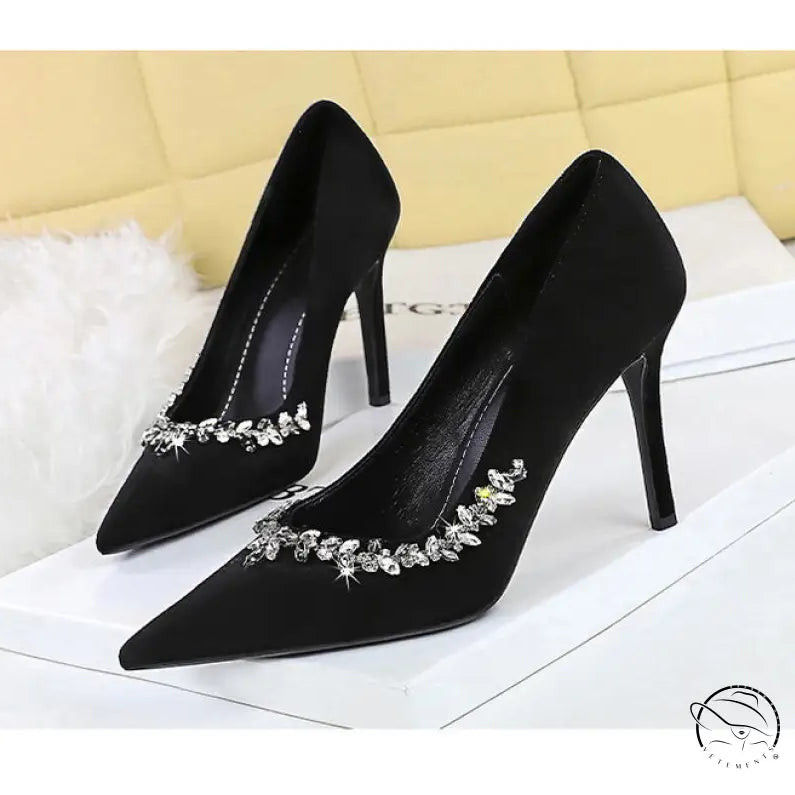 Elegant black velvet Rhinestone Cocktail Stiletto Heel with rhinestone fashion embellishments