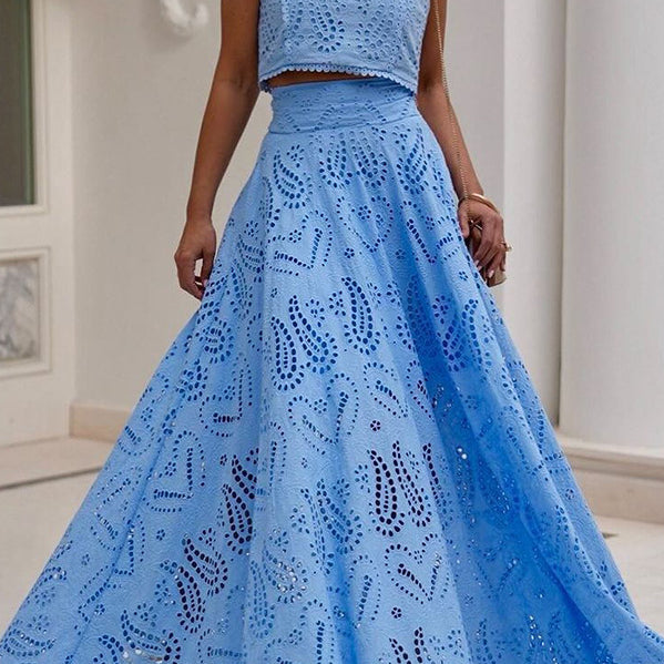 Light blue eyelet crop top and skirt set from Casual Vacation Loose Two Piece Set fashion ملابس