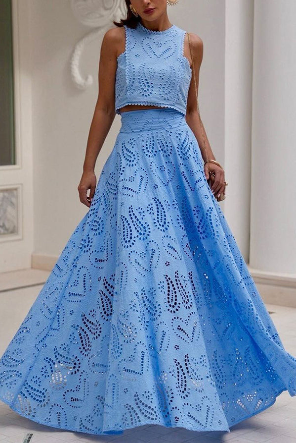 Light blue eyelet crop top and skirt set from Casual Vacation Loose Two Piece Set fashion ملابس