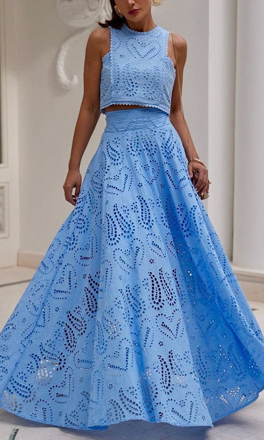 Light blue eyelet crop top and skirt set from Casual Vacation Loose Two Piece Set fashion ملابس
