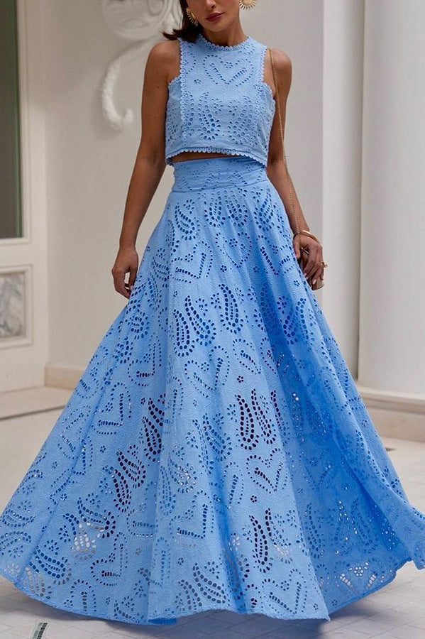 Light blue eyelet crop top and skirt set from Casual Vacation Loose Two Piece Set fashion ملابس