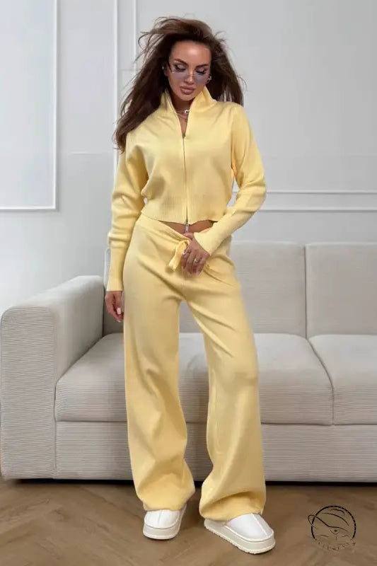 Langry yellow zip-up tracksuit with high collar, white sneakers, slim fit fashion ملابس