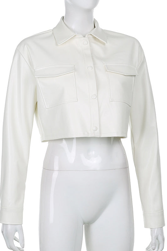 White langry fashion cropped leather jacket with pocket detail