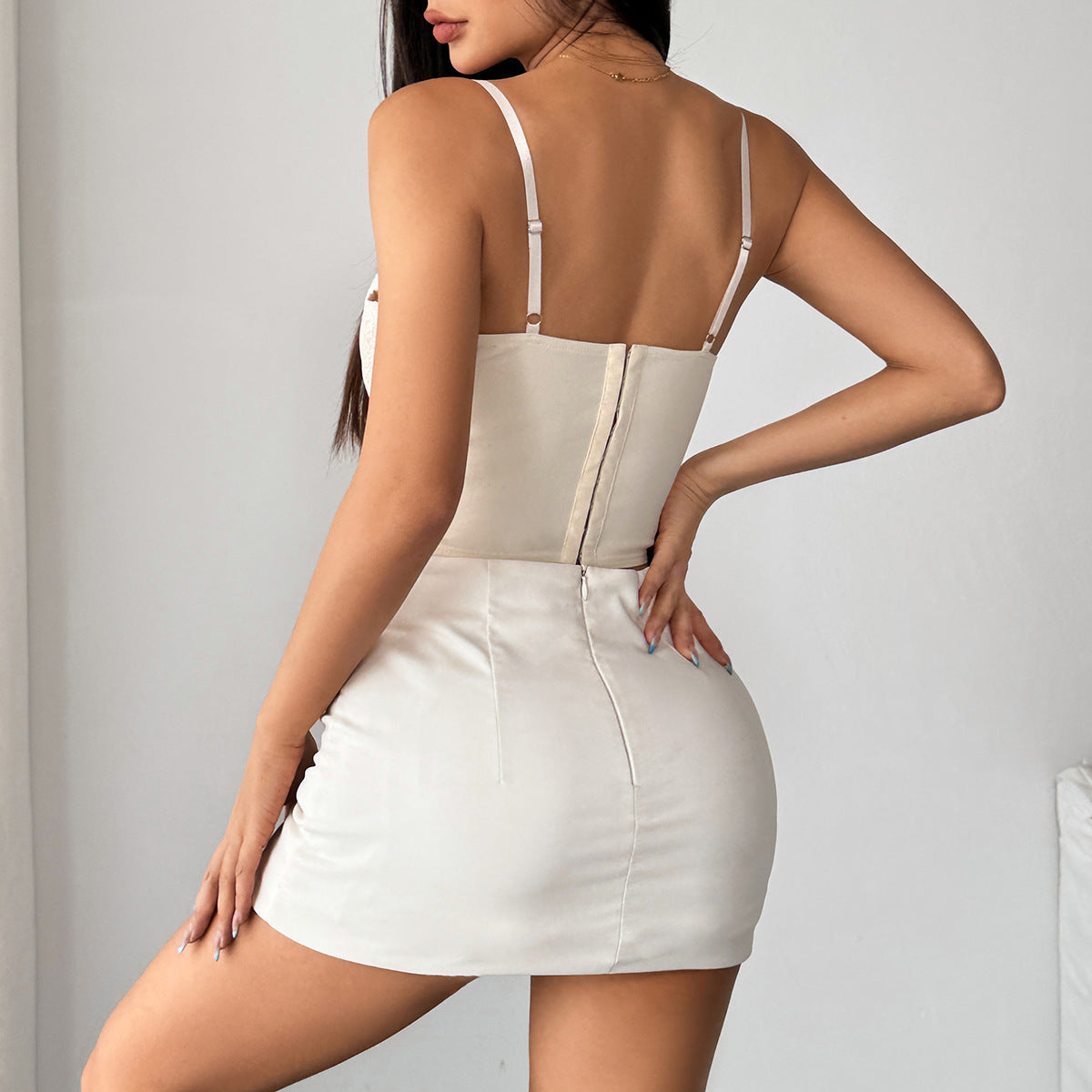 White satin mini dress with boning corset lace-up cutout back