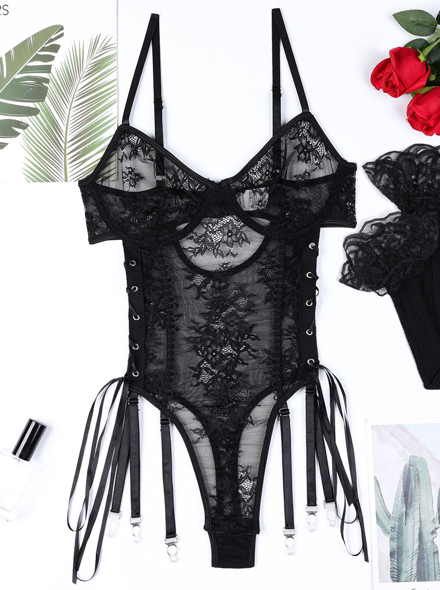 Black lace bodysuit in Langry fashion ملابس with adjustable straps and ties