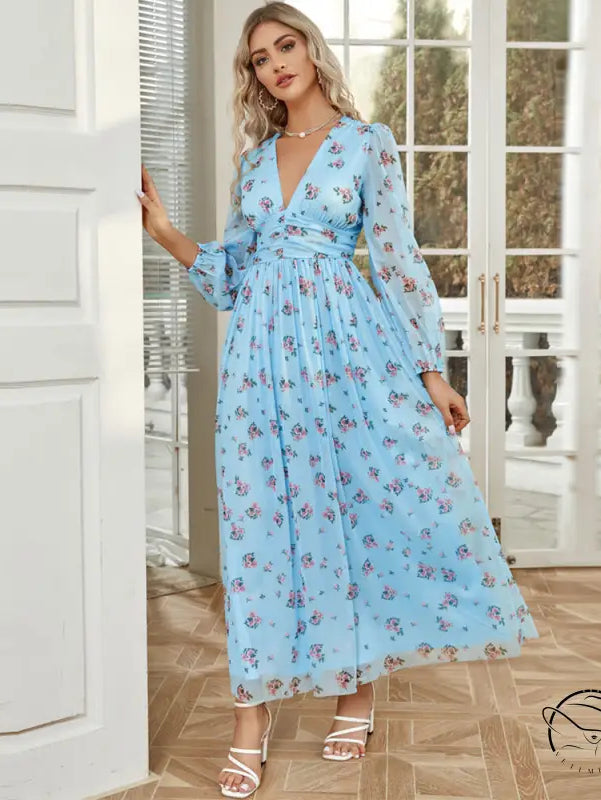 Elegant high waist V-neck light blue floral maxi dress in langry fashion