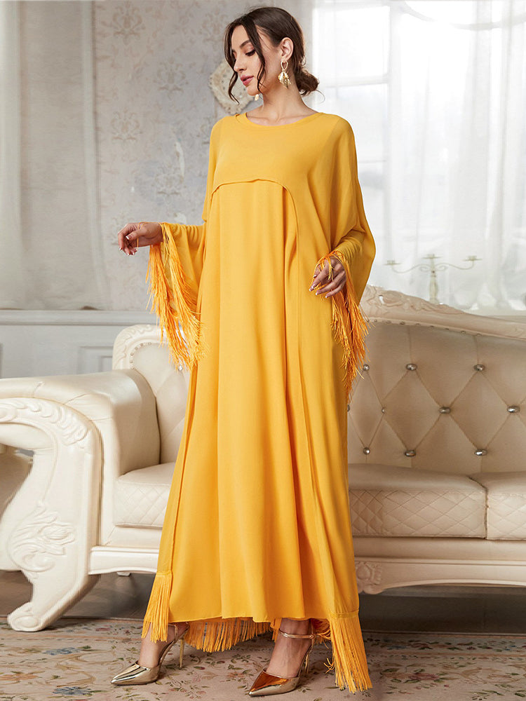 Yellow fringed abaya langry fashion dress with tassels and mesh