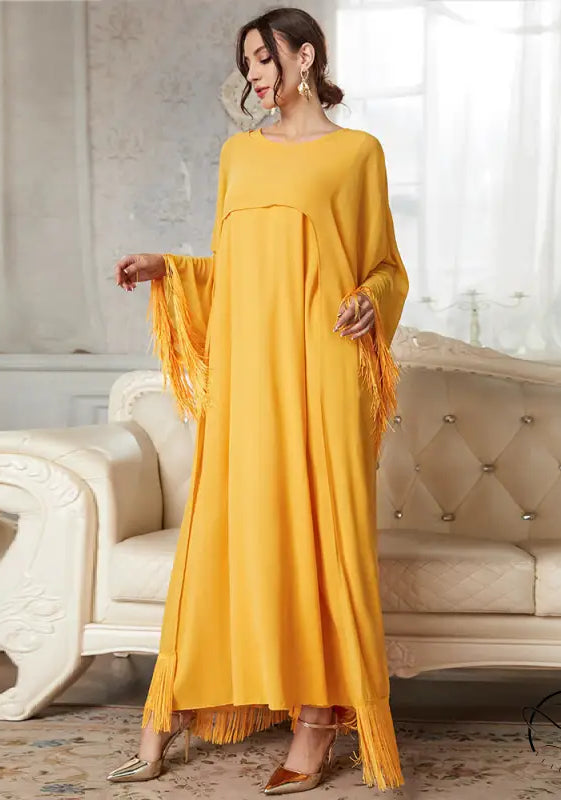 Yellow fringed abaya langry fashion dress with long sleeves and flowing mesh design