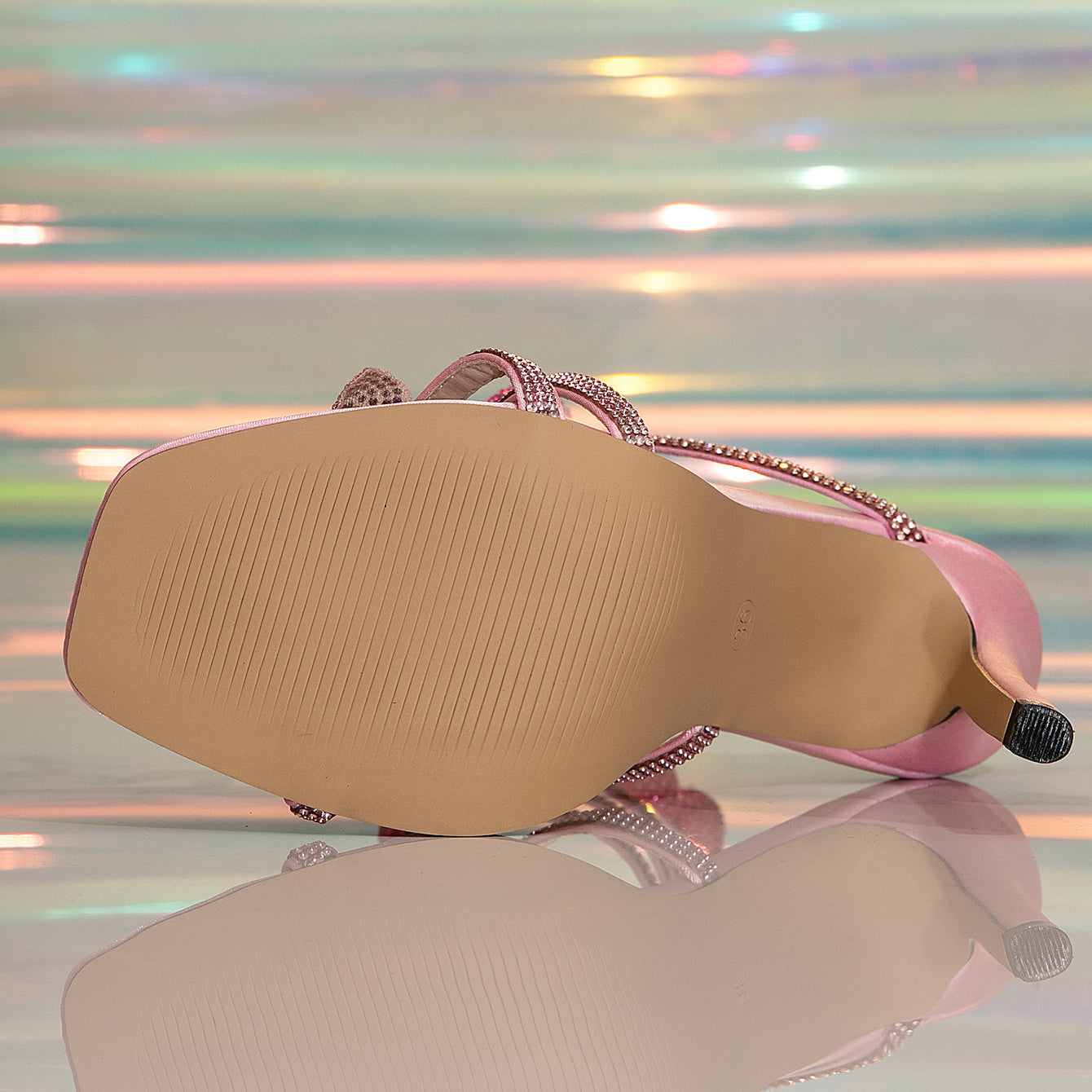 Langry one strap floral rhinestone high heel in pink white leather fashion