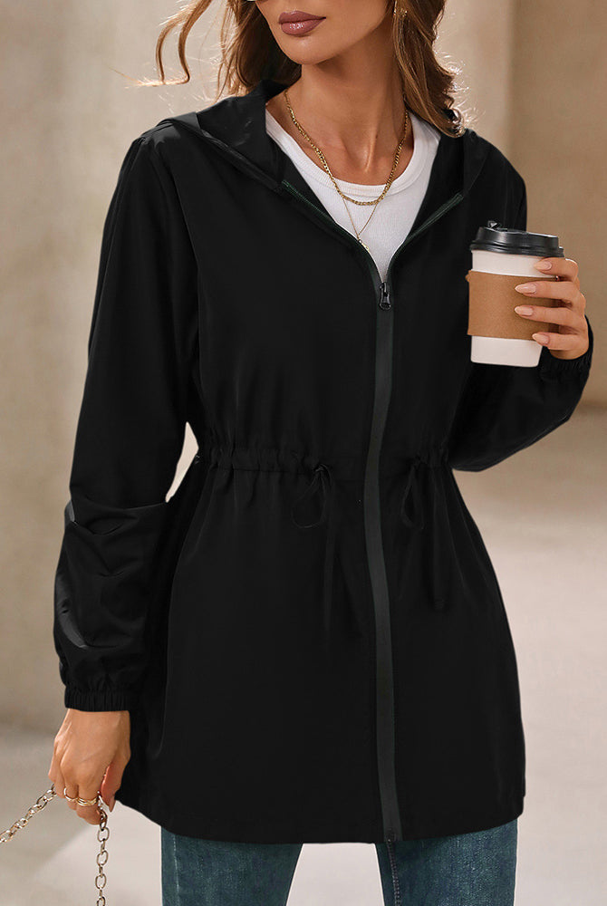 Black hooded outdoor raincoat jacket with drawstrings, ideal for mountaineering and outdoor activities