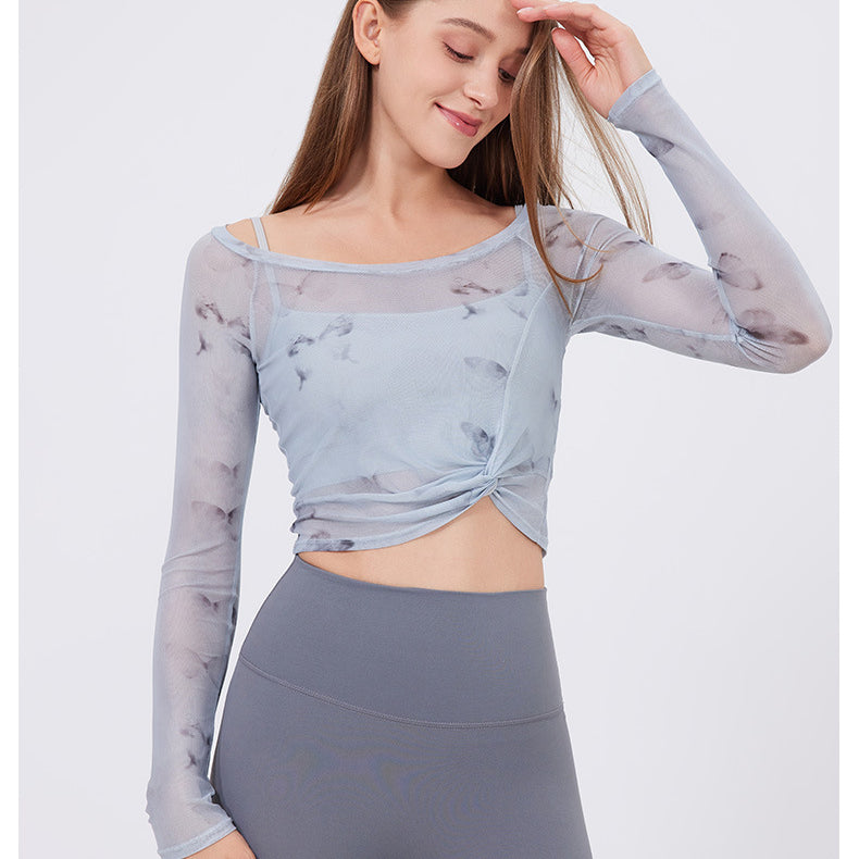 Floral Butterfly Faux Two Piece Sports t Shirt Women Long Sleeve with Chest Pad Yoga Clothes Mesh Top Quick Drying