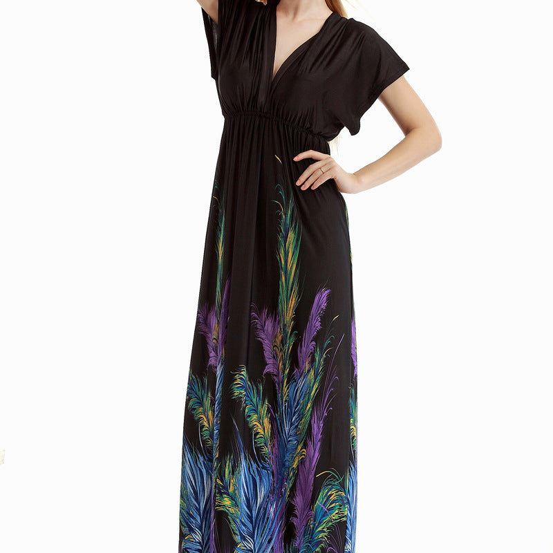 Black maxi dress with feather print for holiday beach fashion, perfect for ملابس langry events