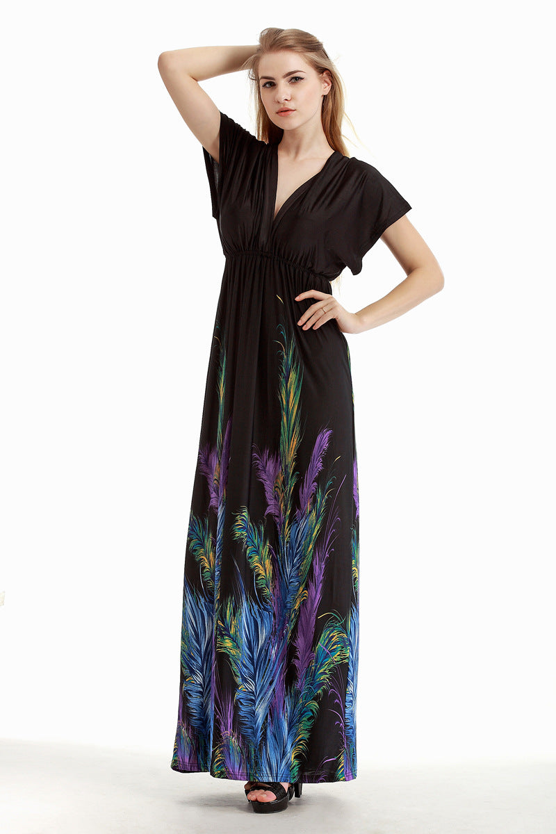 Black maxi dress with feather print for holiday beach fashion, perfect for ملابس langry events