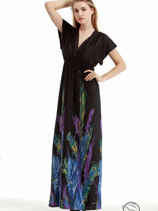 Holiday beach dress: black maxi with feather print