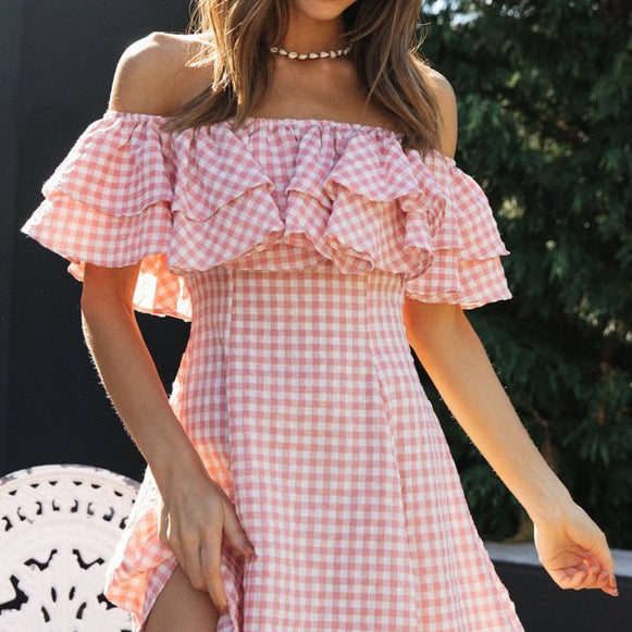 Elegant Plaid Off-shoulder Ruffled Collar Dress