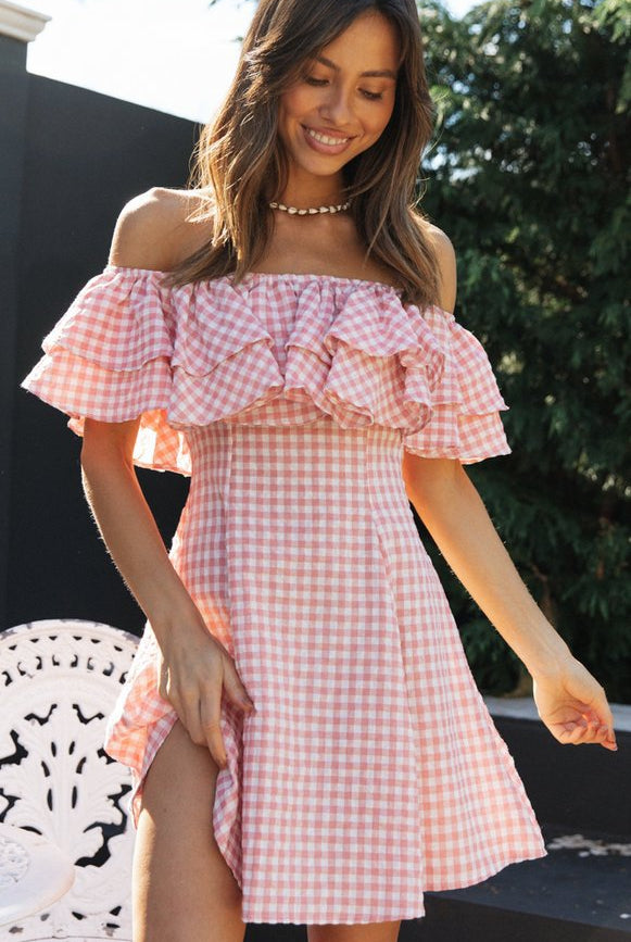Elegant Plaid Off-shoulder Ruffled Collar Dress
