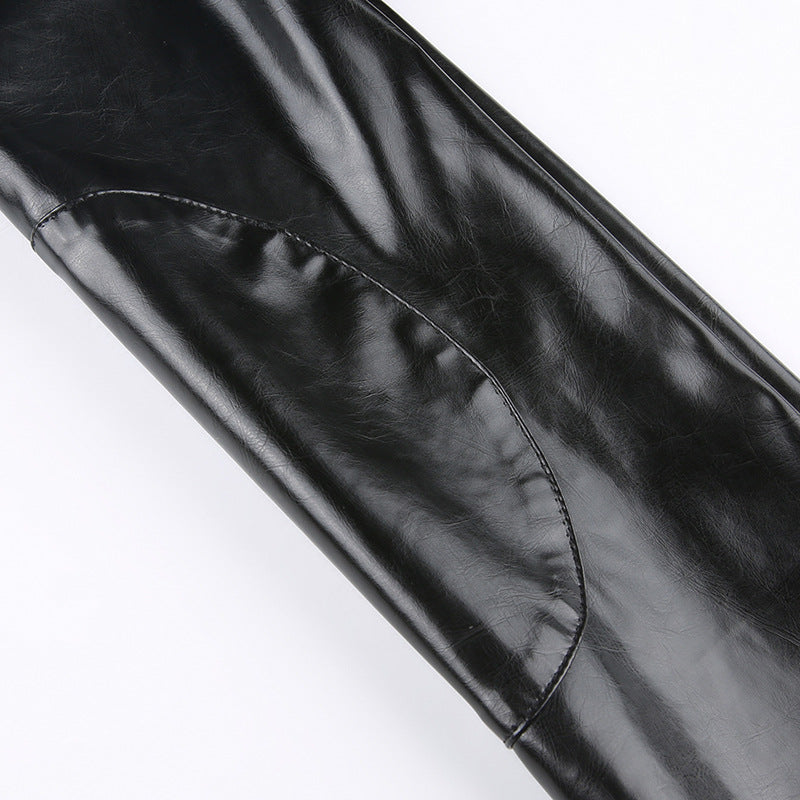 Shiny black faux leather pants paired with Letter Graphic Embroidered Short Leather Jacket