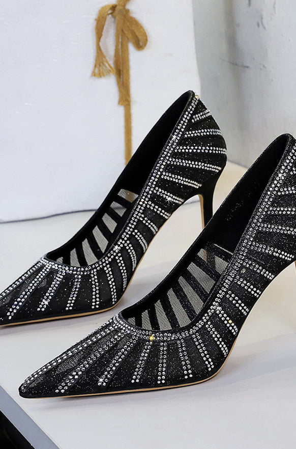 Langry fashion black pointed high heels with silver rhinestones