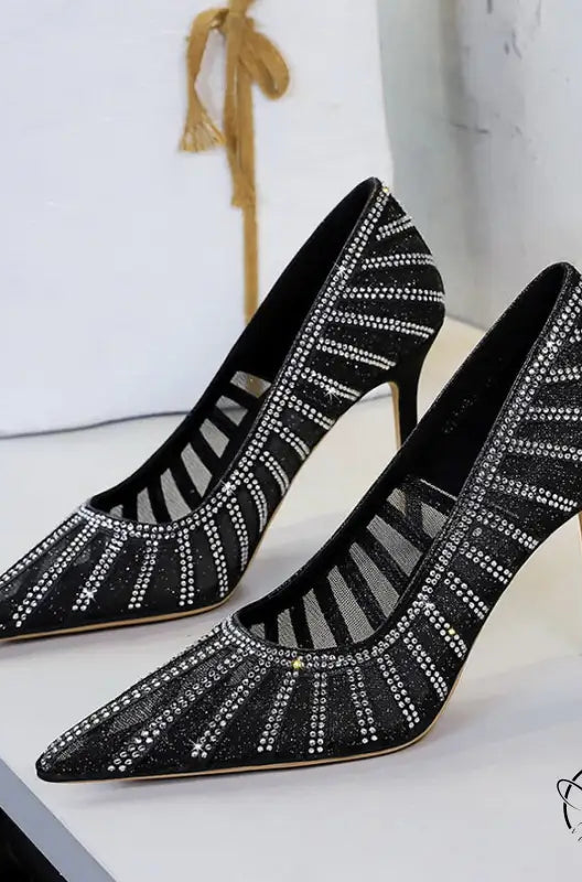 Langry fashion black pointed high heels with silver rhinestones